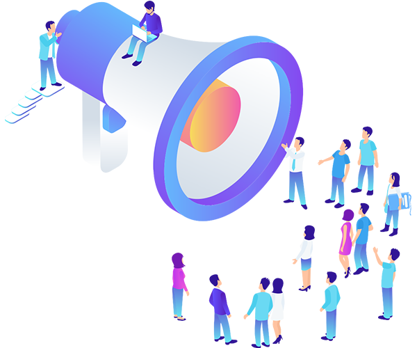 Megaphone Graphic with People Standing Around Listening